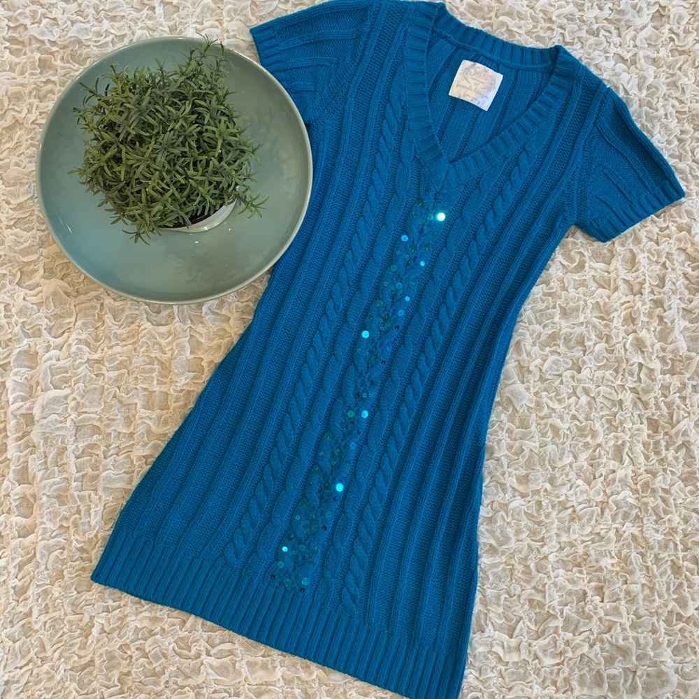 Cable Knit Sweater V Neck Dress Sparkle Sequins - Picture 1 of 5